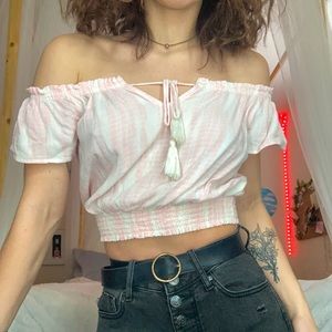 Pink and white off the shoulder crop top